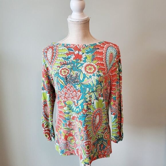 Talbots Women’s Round Neck Long Sleeve Stretch Colorful Top Size Medium Petite - Picture 1 of 5